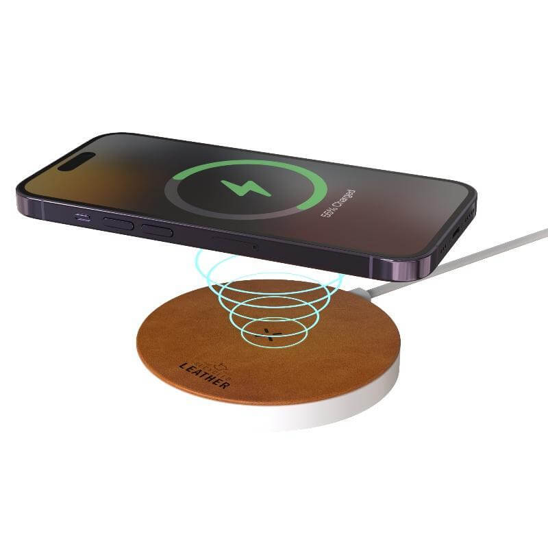 Recycled Leather 15W Wireless Charger - White/Tan