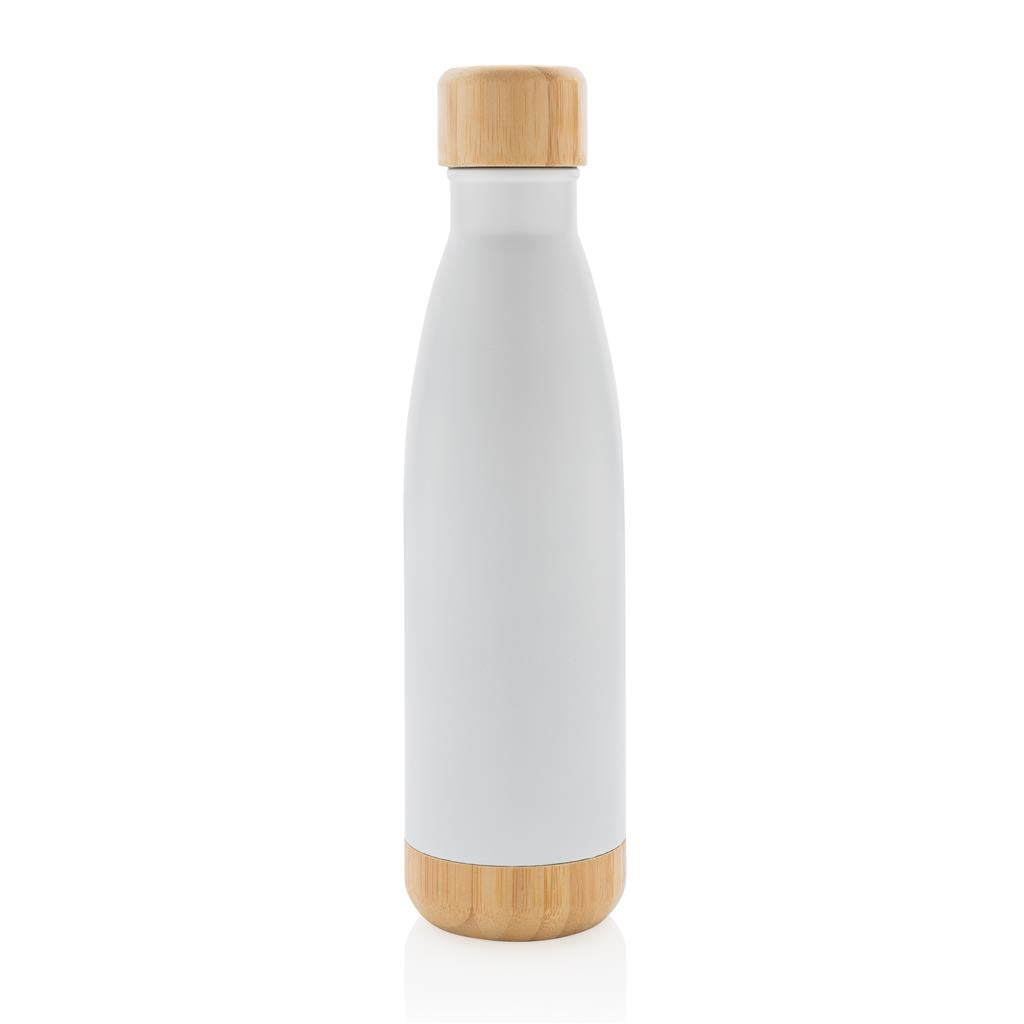 Double Wall Stainless Bottle with Bamboo Lid and Base - White