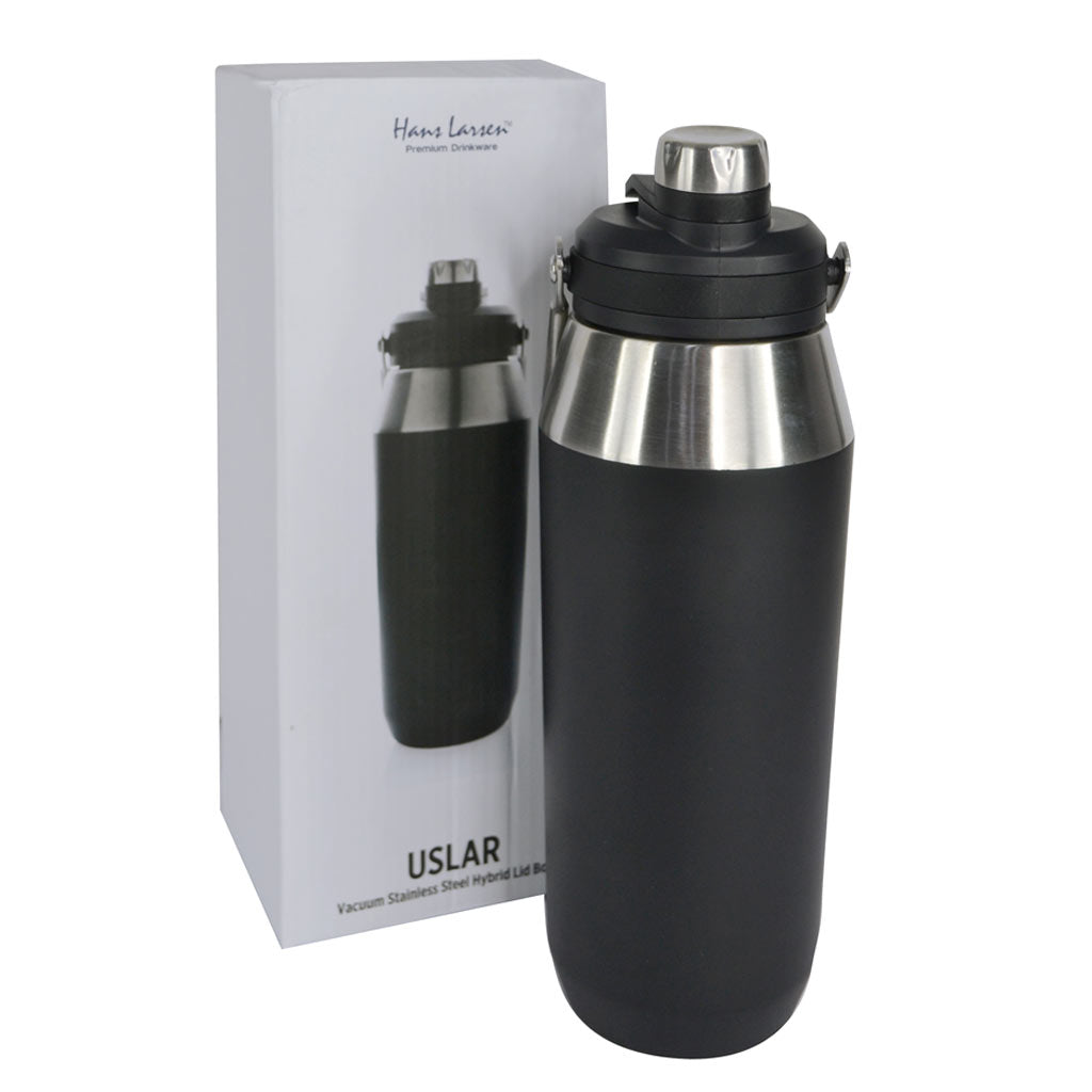 Vacuum Bottle with Solid Handle and Dual Lid - 1L - Black