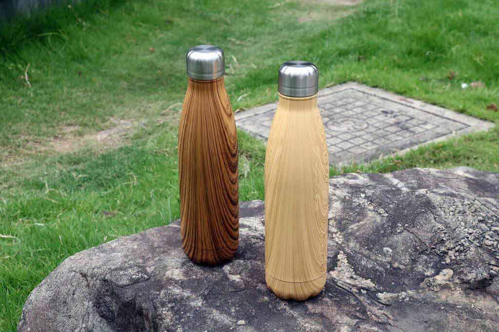 Stainless Steel Water Bottle with Wood Print - Yellow