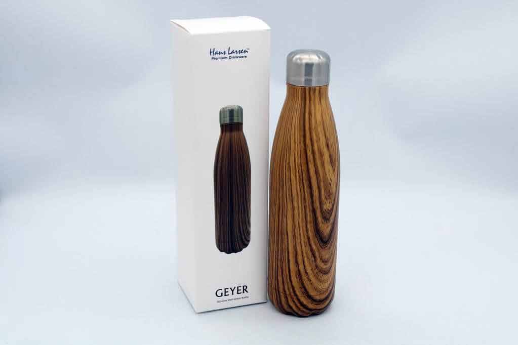 Stainless Steel Water Bottle with Wood Print - Brown