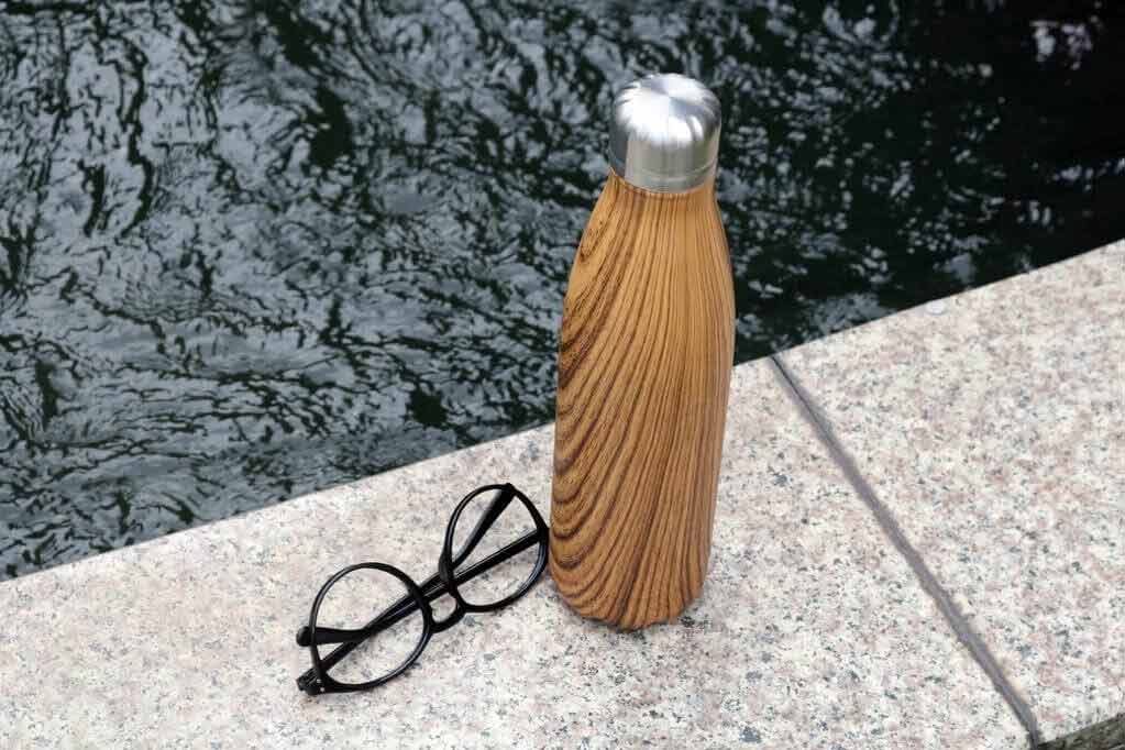 Stainless Steel Water Bottle with Wood Print - Brown