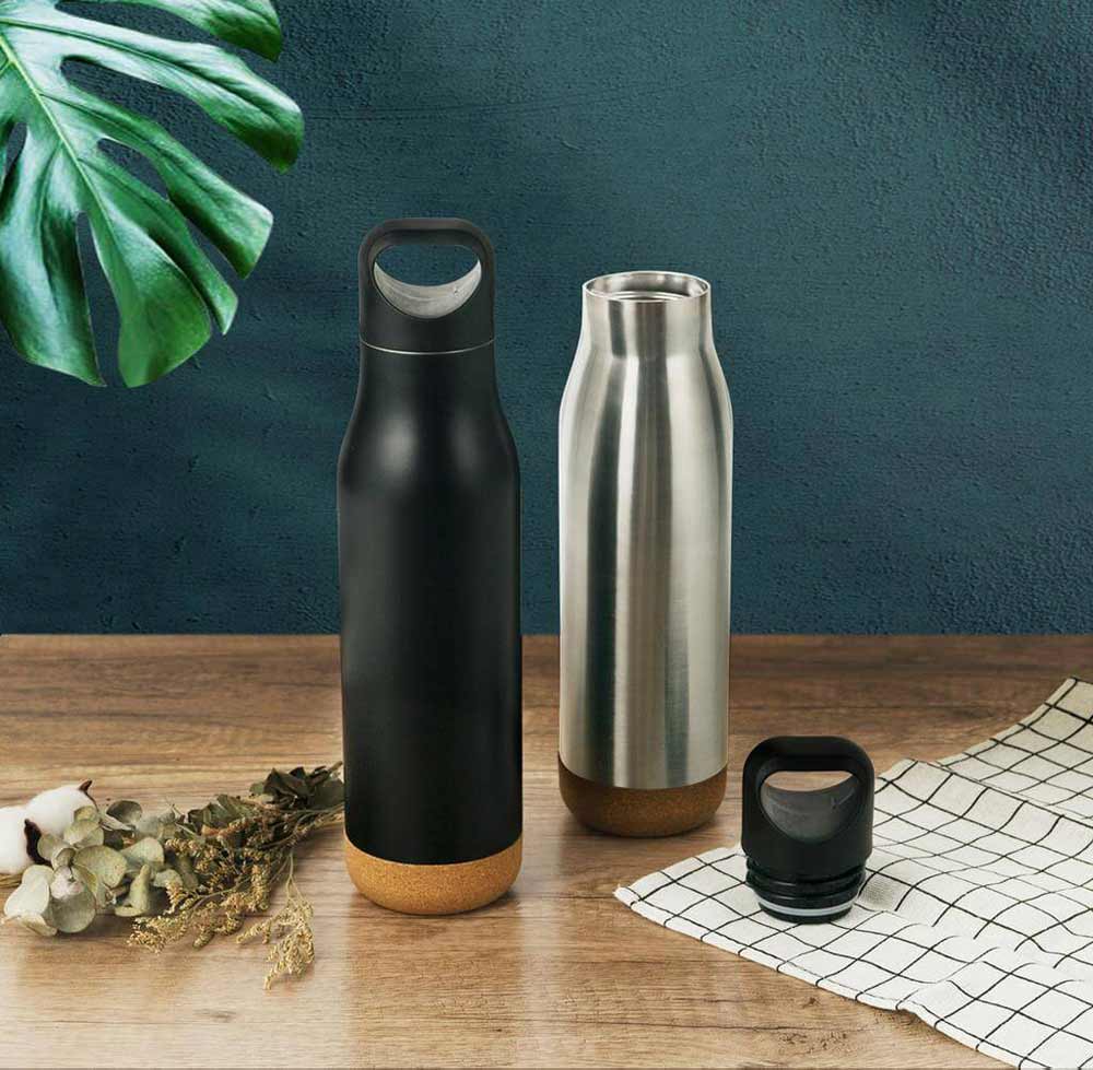 Insulated Water Bottle with Cork Base - Black